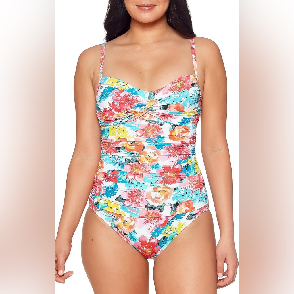 Bleu Rod Beattie Tropical Floral Twist One-Piece Swimsuit - Aqua, Red, Yellow